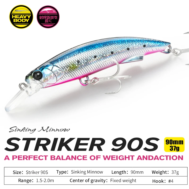 TSURINOYA 90S Sinking Minnow 90mm 37g Heavy Fishing Lure STRIKER Long Casting High Strength Hard Bait For Sea Fishing Large Bait