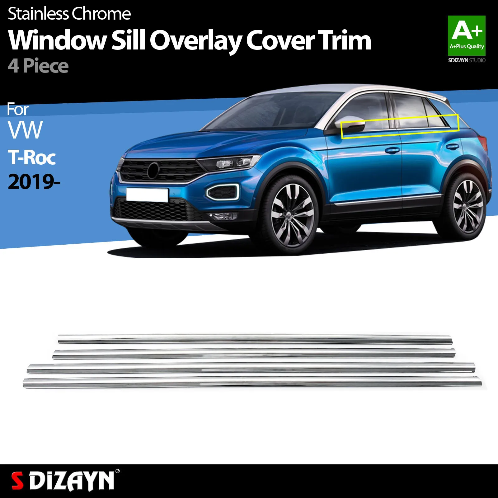 S Dizayn For Volkswagen T Roc Chrome Window Frame Cover Trim Stainless Steel VW 4 Pc Exterior Car Accessories Parts Auto Product