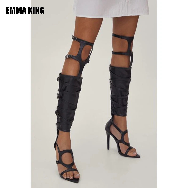 Women Sexy Over The Knee Boots Fashion Pointed Toe Hollow Out Thigh High Summer Sandals Boots Waist Belt Nightclub Shoes 44