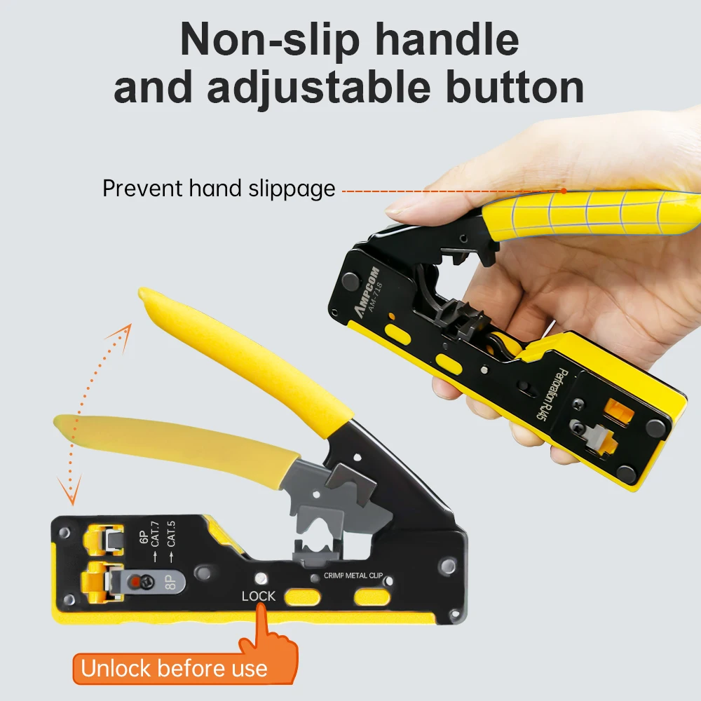 AMPCOM RJ45 RJ11 Pass Through Crimping Tool for Cat7/6A Cat6/5 Ethernet Modular Plugs Connectors With Stripper and Spare Blade