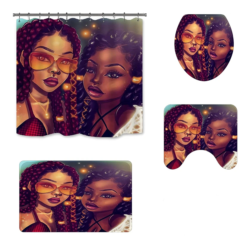 Afro Black Twins Glasses Girl African American Women Shower Curtain With Rugs 4 Pcs Sets For Bathroom Accessory Bath Decor