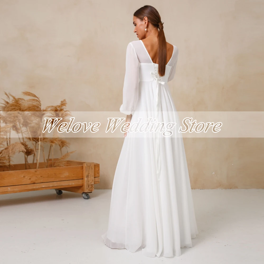 Vintage Chiffon Lange Hochzeit Kleid Für Frau Volle Hülsen Strand Brautkleid Scoop Neck EINE Linie Korsett Zurück Einfache Robe de Mariee