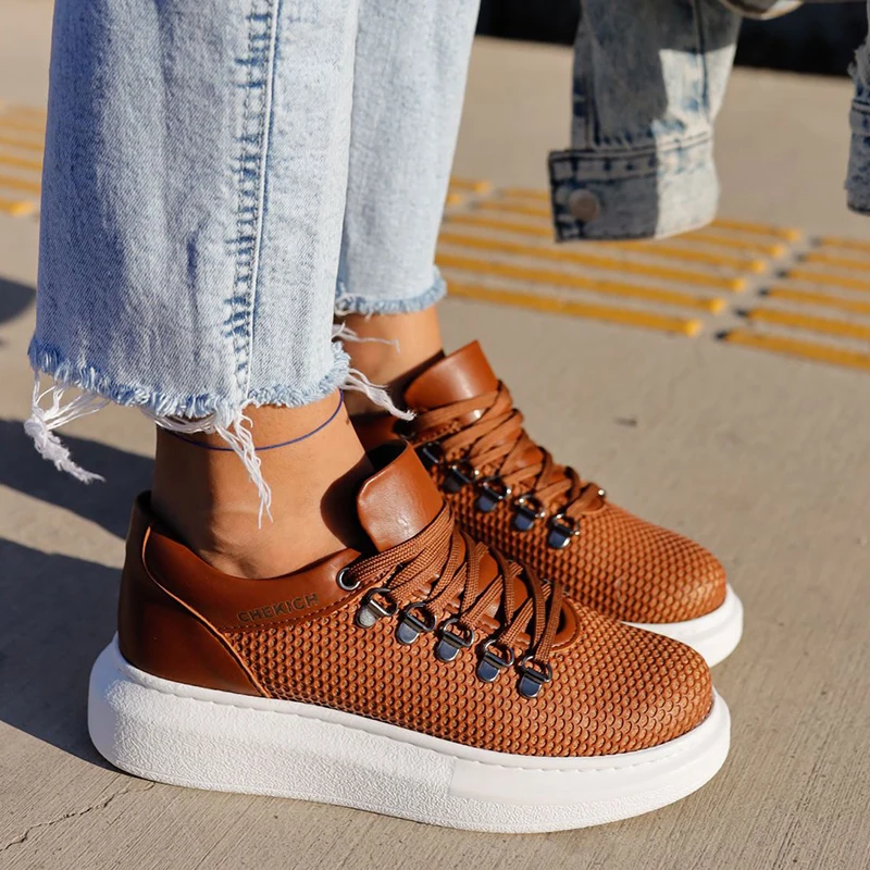 

Chekich Casual Shoes For Women's & Men's Tan Color Artificial Leather Lace Up Unisex New Trends Spring Vulcanized Design Wedding White Outsole Brown Platform Sneakers Flexible Air Breathable Nature CH021 Women V3