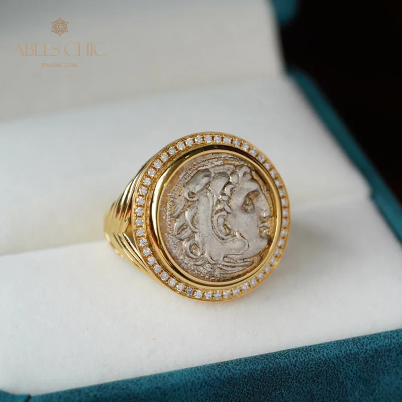 Ables Chic Byzantine Authentic Ancient Heracles Silver Coin Solid 18K Gold Ring Diamond 0.244ct Roman Greek Rings