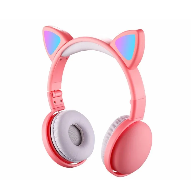 Foldable Bluetooth headphone with cat ears, flashing LED light, wireless with microphone for children, adults, girls