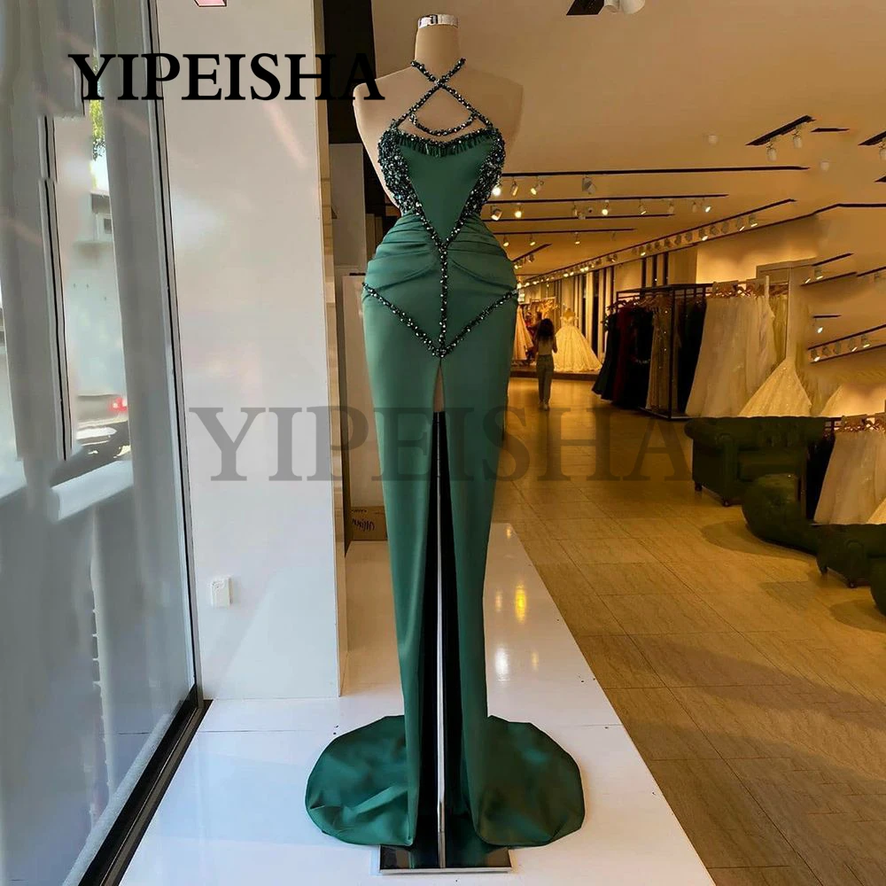 

O-Neck Front HigH Split Evening Dresses Backless Beading Sweep Trian Sexy Exquisite Prom Gown robes de soirée vestidos fiesta