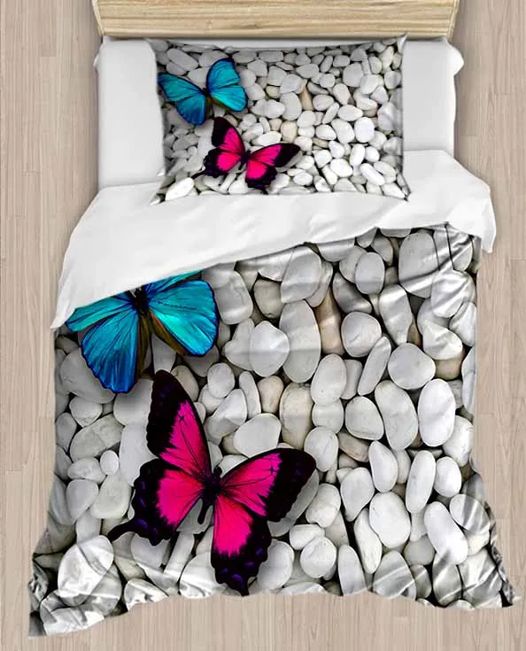 

Else White Pebble Stones Blue Pink Butterfly 4 Piece 3D Print Cotton Satin Single Duvet Cover Bedding Set Pillow Case Bed Sheet