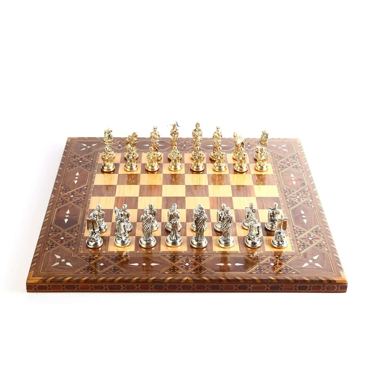 

Historical Troy Figures Metal Chess Set, Handmade Pieces, Natural Solid Wooden Chess Board, original Pearl on Board King 6cm