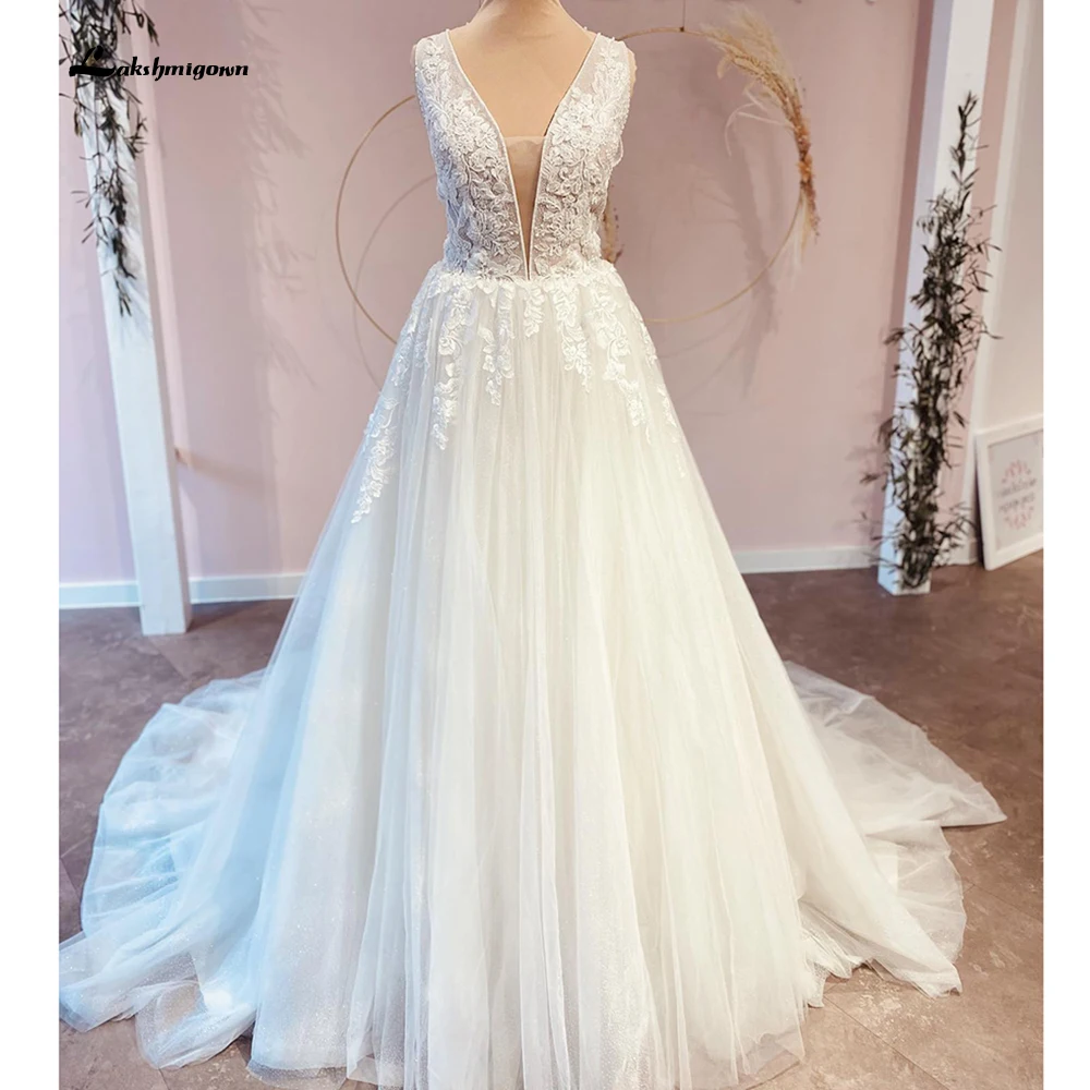 Deep V Neck Sexy A Line Wedding Dresses Giltter Tulle Bridal Gowns Lace Applique Bridal Dress Beads Summer Customized