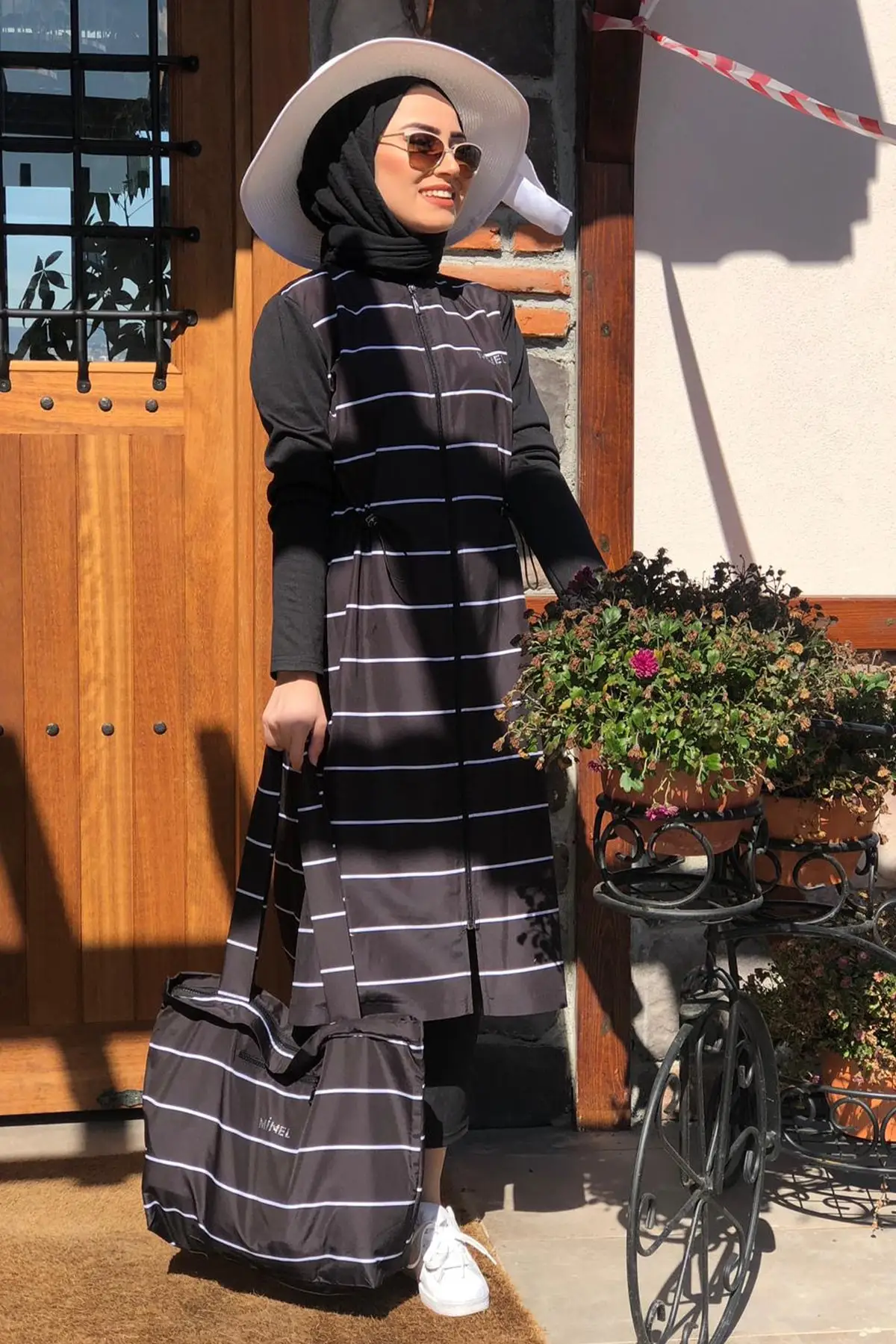 Women's black striped full covered hijab swimsuit 2 sets Minel Hashema