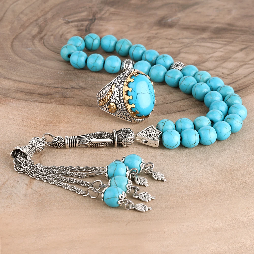 925 Sterling Silver and Turquoise Stone Tasbih Mens Ring Set