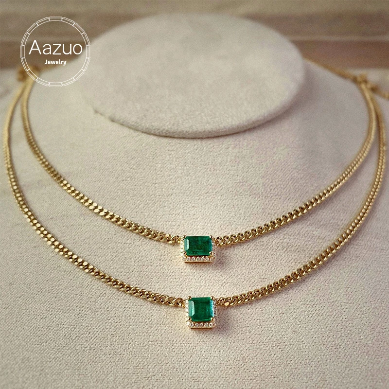 

Aazuo 18K Yellow Gold Natural Emerald Real Diamonds Lovely Square Choker 41CM Necklace Gifted For Women Engagement Party Au750