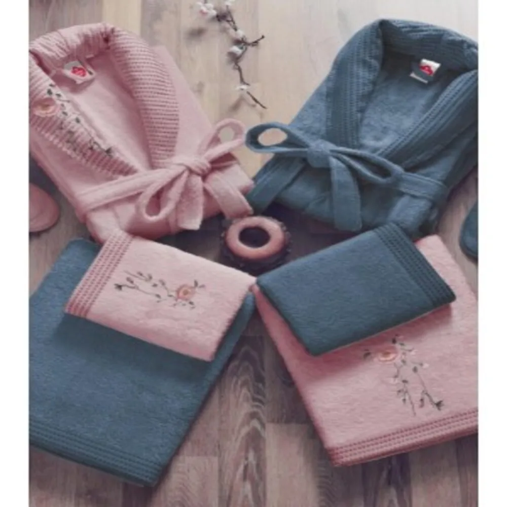 Cotton Box 3D Embroidered Bamboo Family Bathrobe Set - Dried Rose / Blue  40% Bamboo 60% Cotton