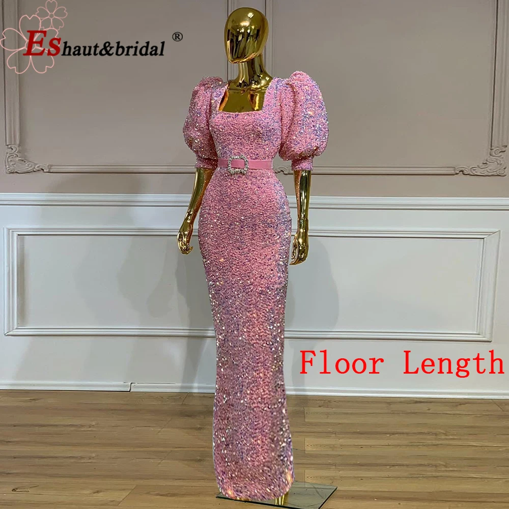 

Elegant Mermaid Evening Night Dresses for Women 2023 Half Puff Sleeves Square Neck Sequin Velvet Formal Wedding Prom Party Gown