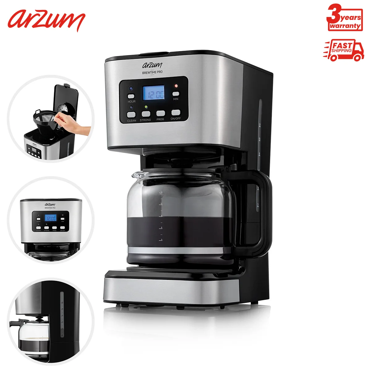 ARZUM Brewtime Pro Filter Coffee Machine Apply to Ground&Beans Home Appliances Dripping Coffee Maker With Digital Display&Keep Warm Coffe Machine With Anti-Drip Aroma Timing Setting