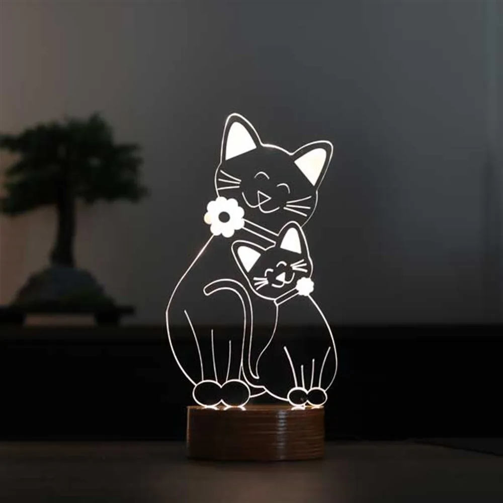 Cat Family 3D Illusion Acrylic Led Table Lamp 12 Volt Adapter Daylight Design Wood Base Animal Lover Best Gift Idea for Couples Room Decor Anime Wedding Stranger Things Led Lights Wedding Decoration Nightlights Bedroom