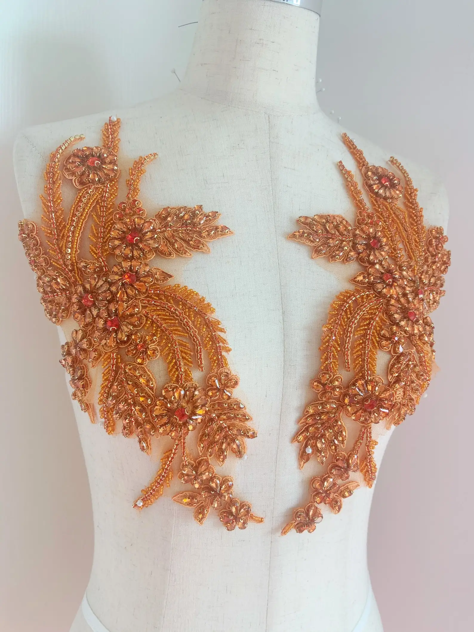 Popular Orange Rhinestone Appliqué, Rhinestones Bodice Applique Sewing Beads Crystal Trim Patches Dress Accessory