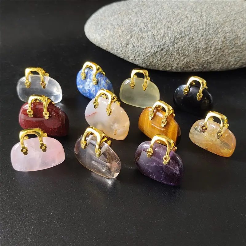 

FUWO Natural Gem Stone Bag Shaped Pendant,Carved Mini Bag Figurine Healing Crystal Rose Quartz Jewelry For Women PD403 5PCS/Lot