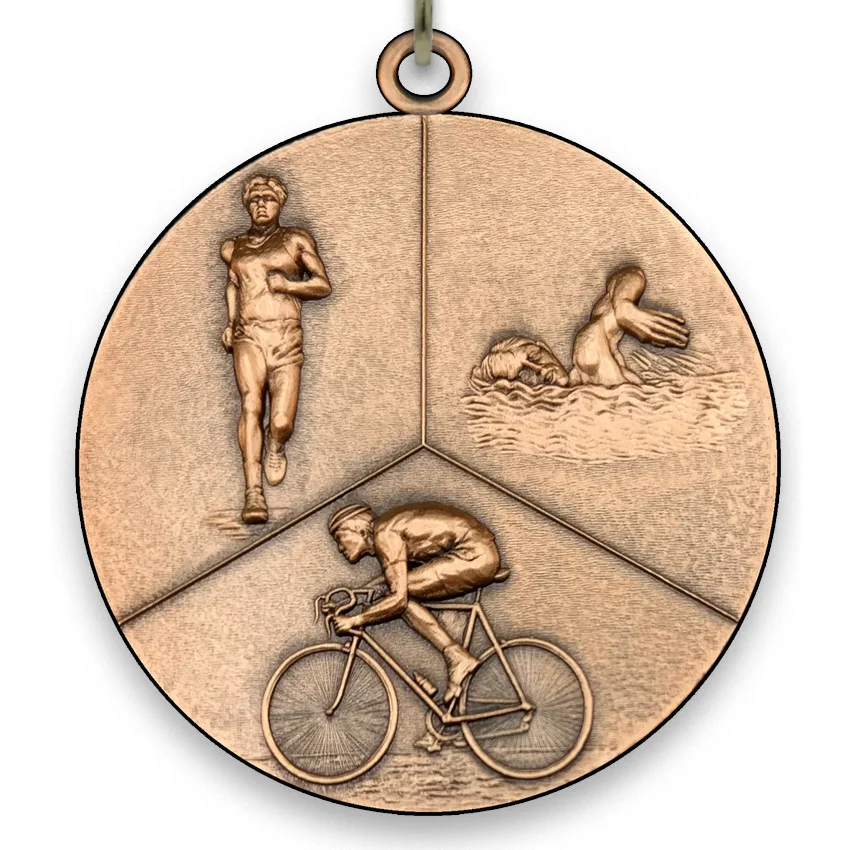 Large Metal Triathlon Bronze Medal - 6,4 cm - with Neck Ribbon size 2,2cm x 80 cm - Choice of Ribbon Colours.