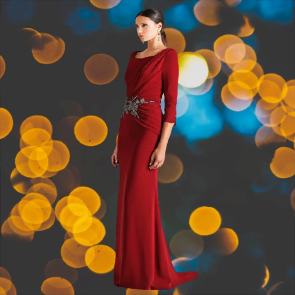 Vermelho escuro meia manga jóia vestido de noite sereia cetim feminino longo vestidos de baile sexy vestidos formais custome feito