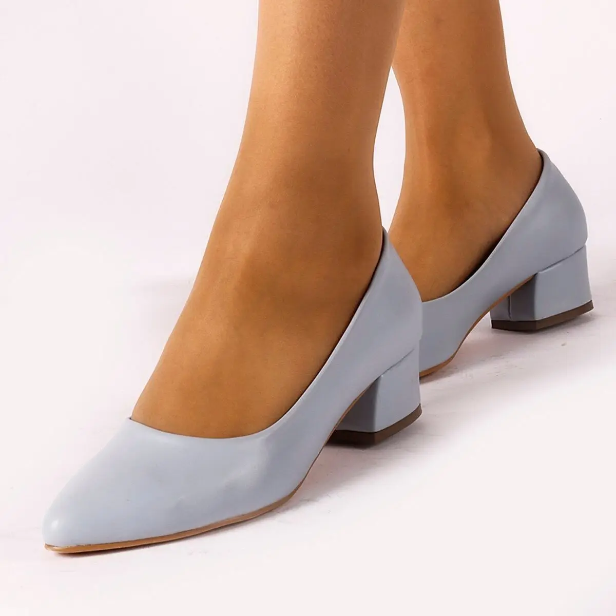 Sandra Light Blue Women's Shoes PU Leather Thick High Heels 2021 Fashion Casual Pointed Toe Shoes Heel Slippers Summer Pumps