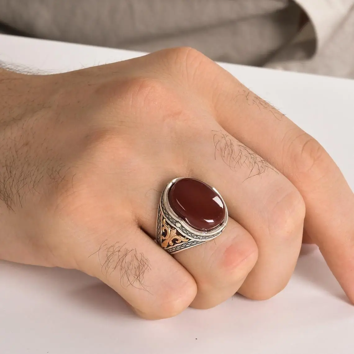 

Ottoman Yemen Red Agate Silver Victorian Ring New Authentic Sterling Silver Antique Turkish Master Hand Ring Men's Rustic