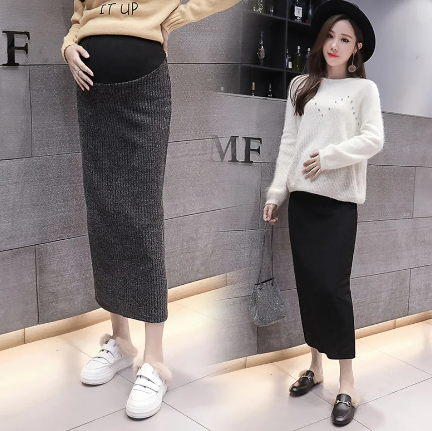 

Maternity Brushed Skirt Mini Bodycon Skirt Office Pregnant Women Slim Mid-Calf High Waist Stretch Pencil Knit Skirts Jupe Femme