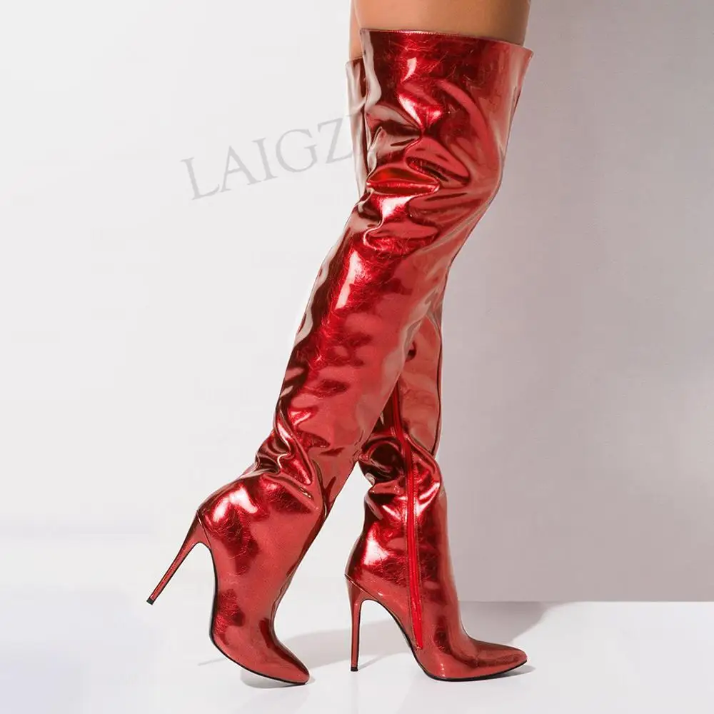 

BERZIMER Women Thigh High Boots Side Zip Stiletto High Heels Over Knee Boots Party Prom Shiny Shoes Woman Size 43 44 45 46 47