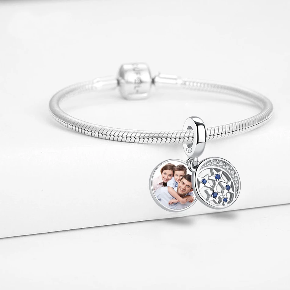 ELESHE-Cuenta de foto personalizada de Plata de Ley 925, colgante redondo de estrella hueca, compatible con Pulsera Original, joyería personalizada