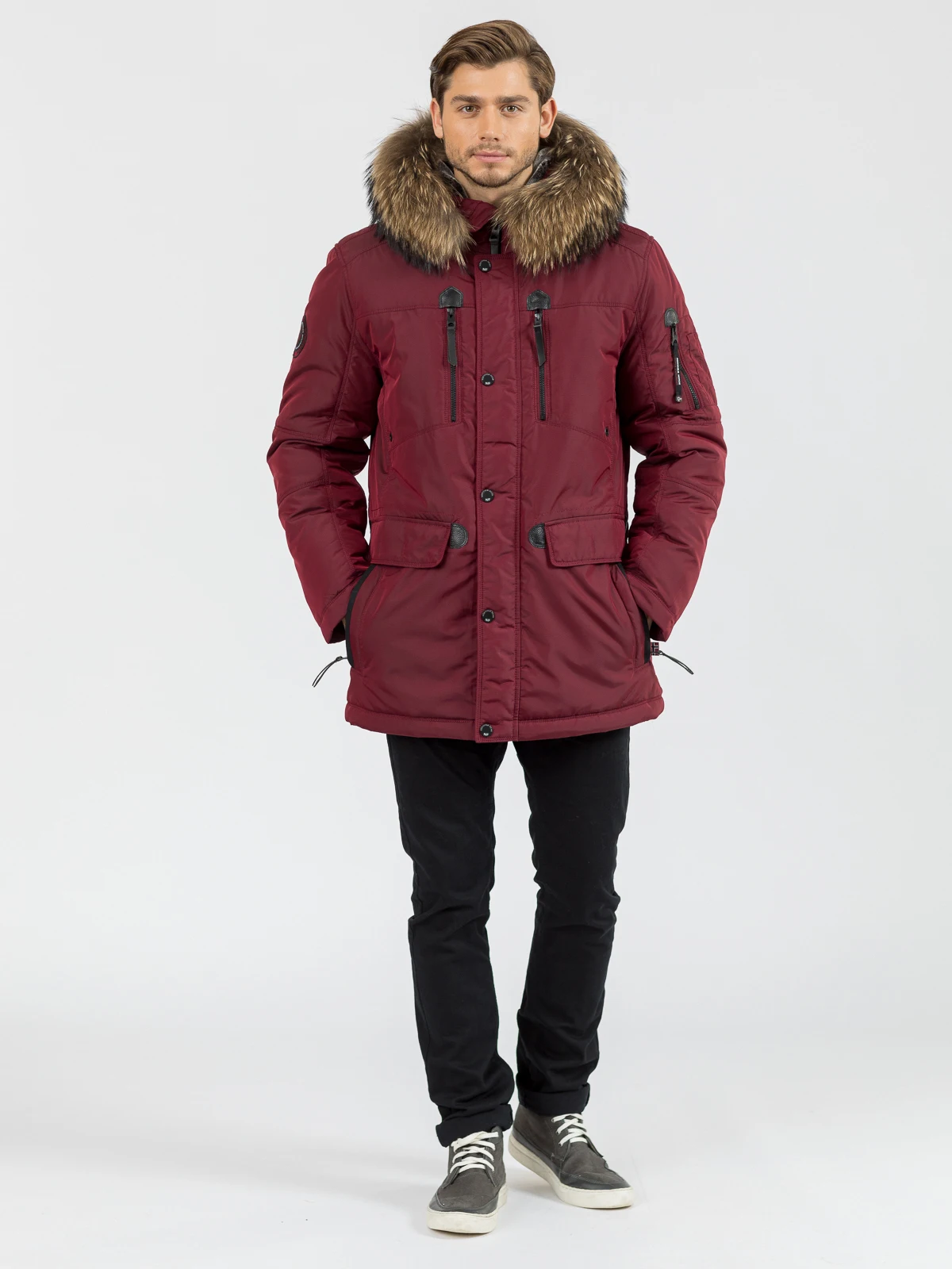 Nortfolk winter jacket men thick warm parka with removable natural fur trim on the hood and knitted cuffs