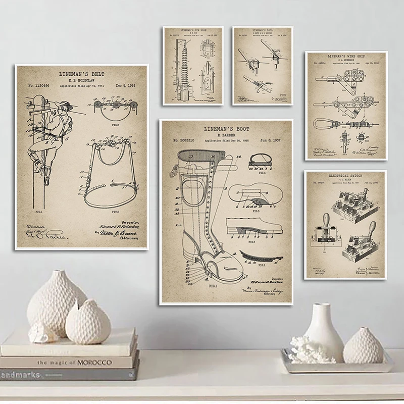 Vintage Lineman Patent Posters and Prints Powerline Technician Gift Safety Boot Blueprint Art Canvas Painting Wall Picture Decor