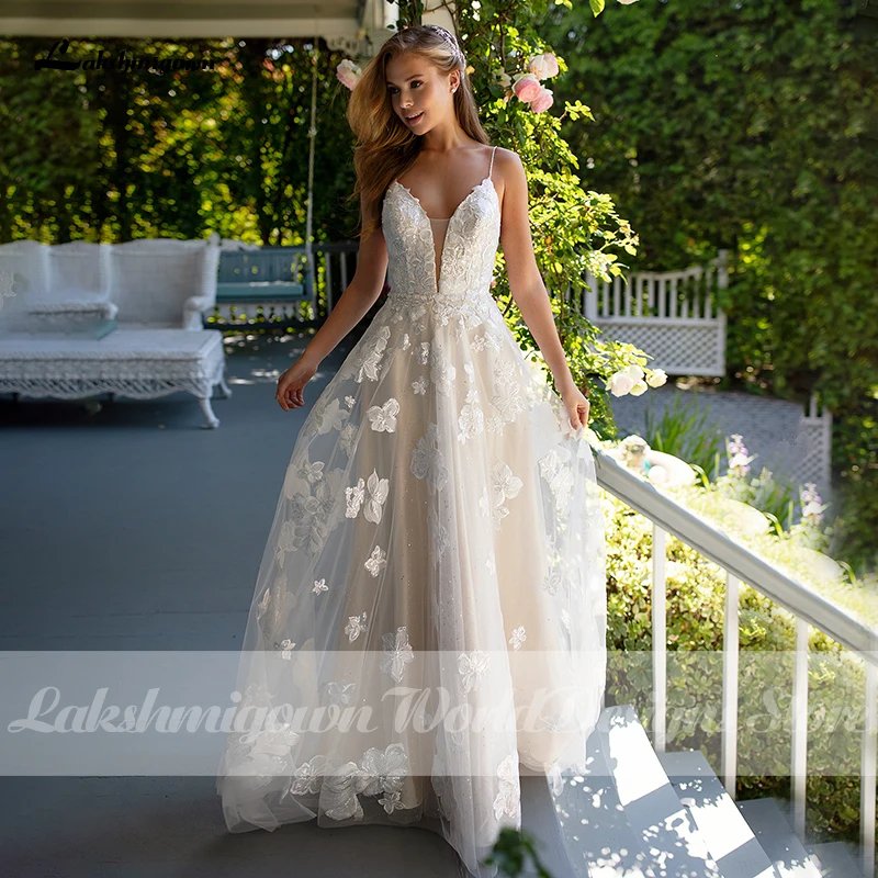 Vestido de novia de encaje Floral, línea A, playa, tirantes finos, Princesa, apliques de encaje con cuentas