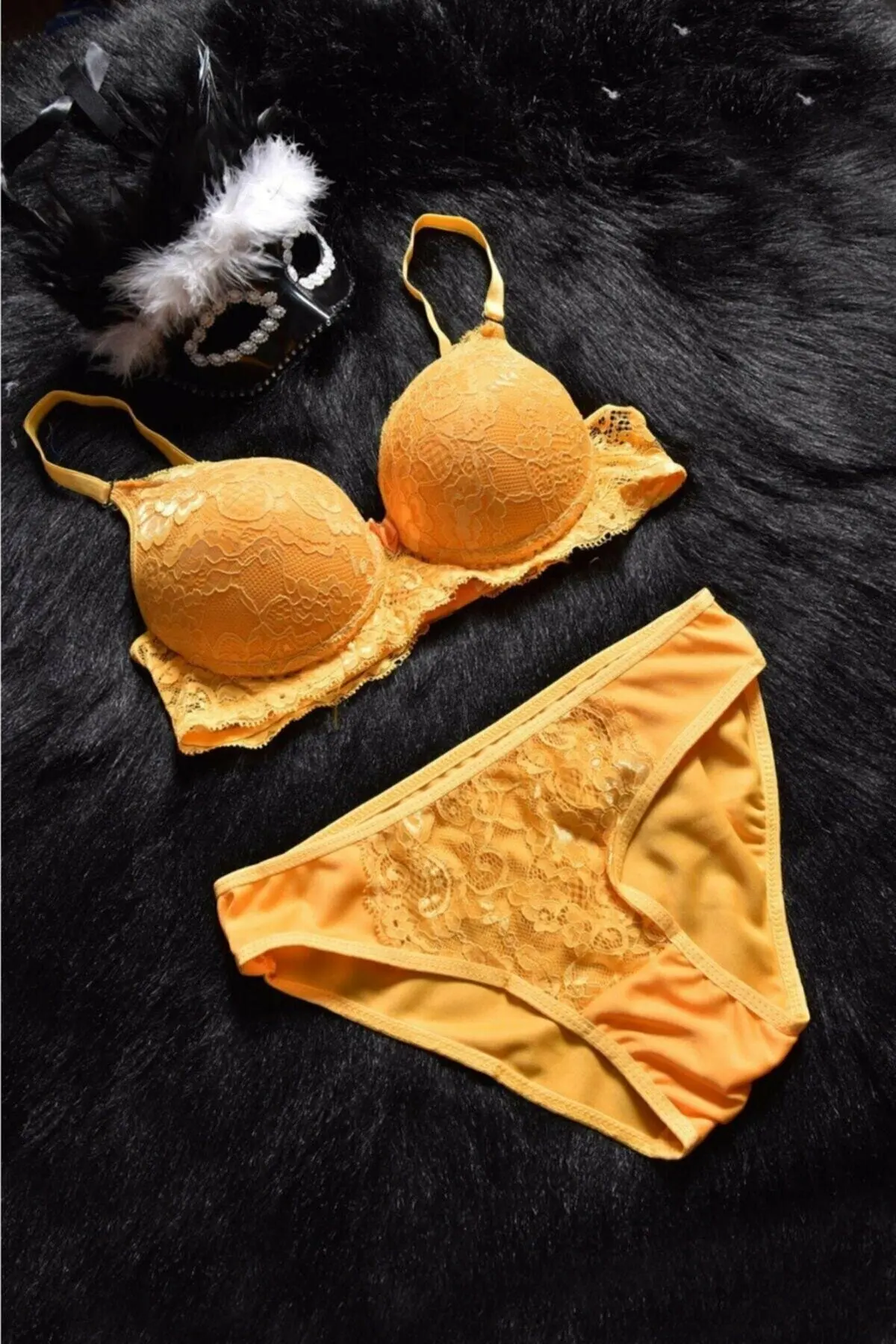 LOOK FOR YOUR WONDERFUL NIGHTS WITH ITS STUNNING COLOR Women's Yellow Lace Embroidered Bra Panty Set  FREE SHIPPING