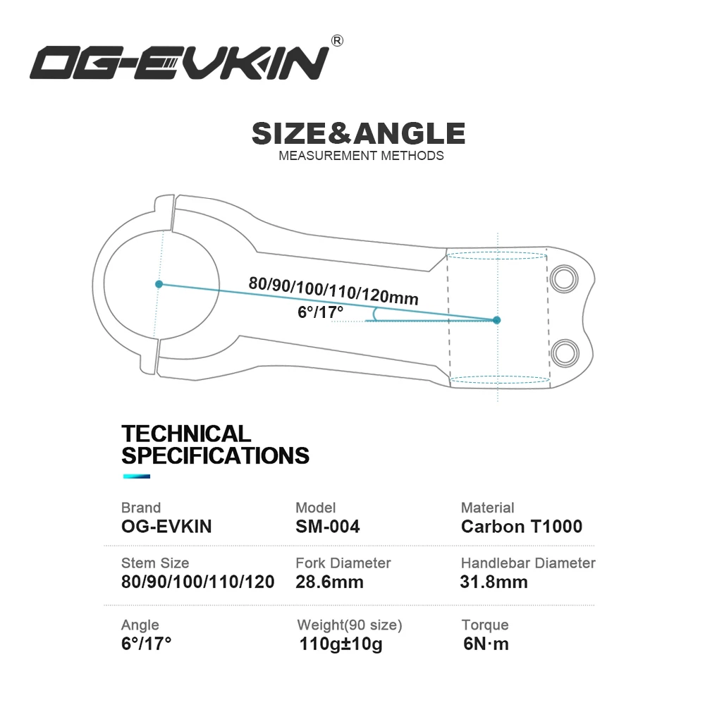 OG-EVKIN SM-004 Carbon Bicycle Stem 80/90/100/110/120mm Titanium Alloy Screws 28.6mm 31.8mm 6/17 Degree Road MTB Bicycle Stem
