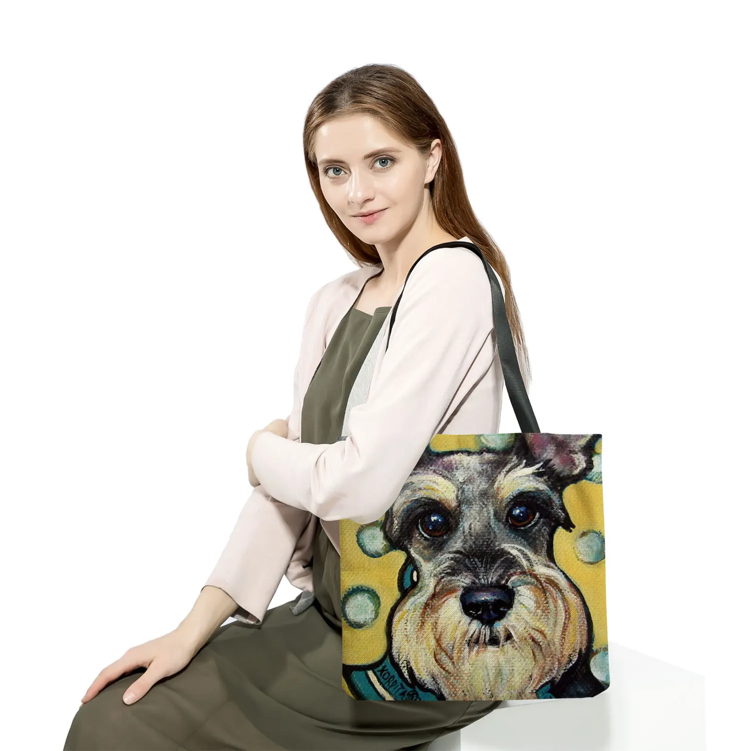 Lady Korean Shoulder Bag Schnauzer Dog Painting Handbags For Women Casual Shopping Shopper Bags Large Capacity Travel Tote Bags