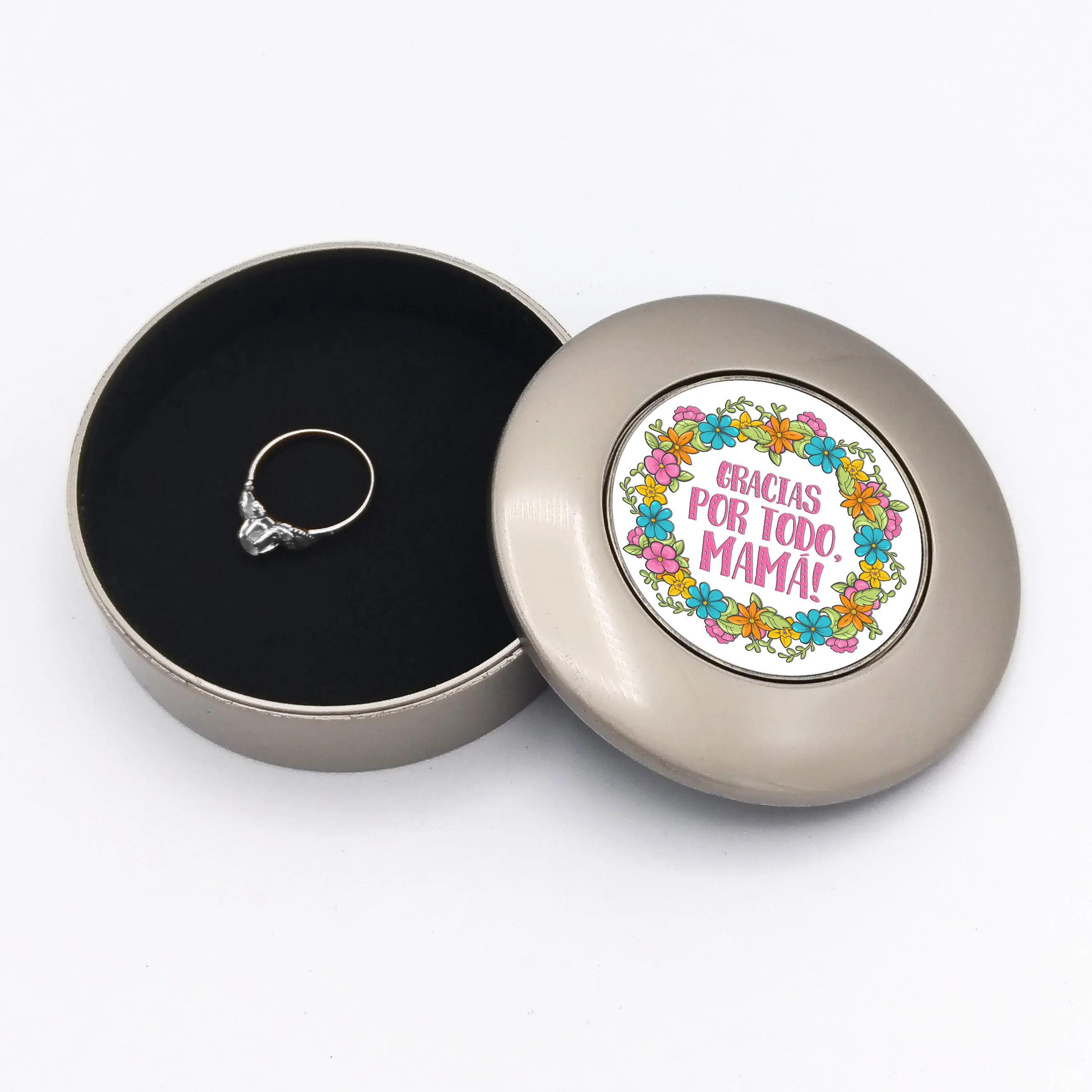 Metal Jewelry Case with Silver Plating - Mother´s Day - Metal Medallion with Crystal Dome - Choose among 8 designs.