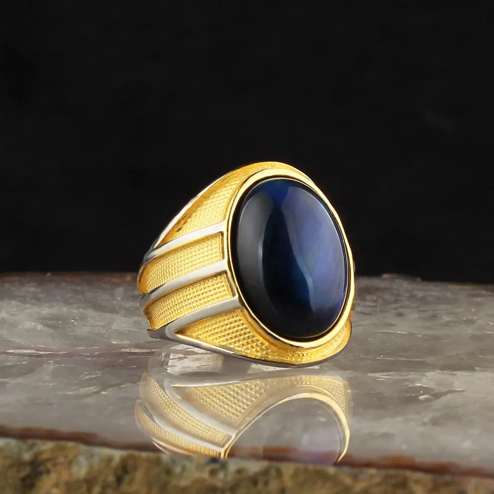 

Turkish Style Blue Tiger Eye Stone Rode Plated 925 Sterling Silver Men's Ring, Gift Jewelry for Men, Made in Turkey Moda Accessory Real Natural Stone, Original Product