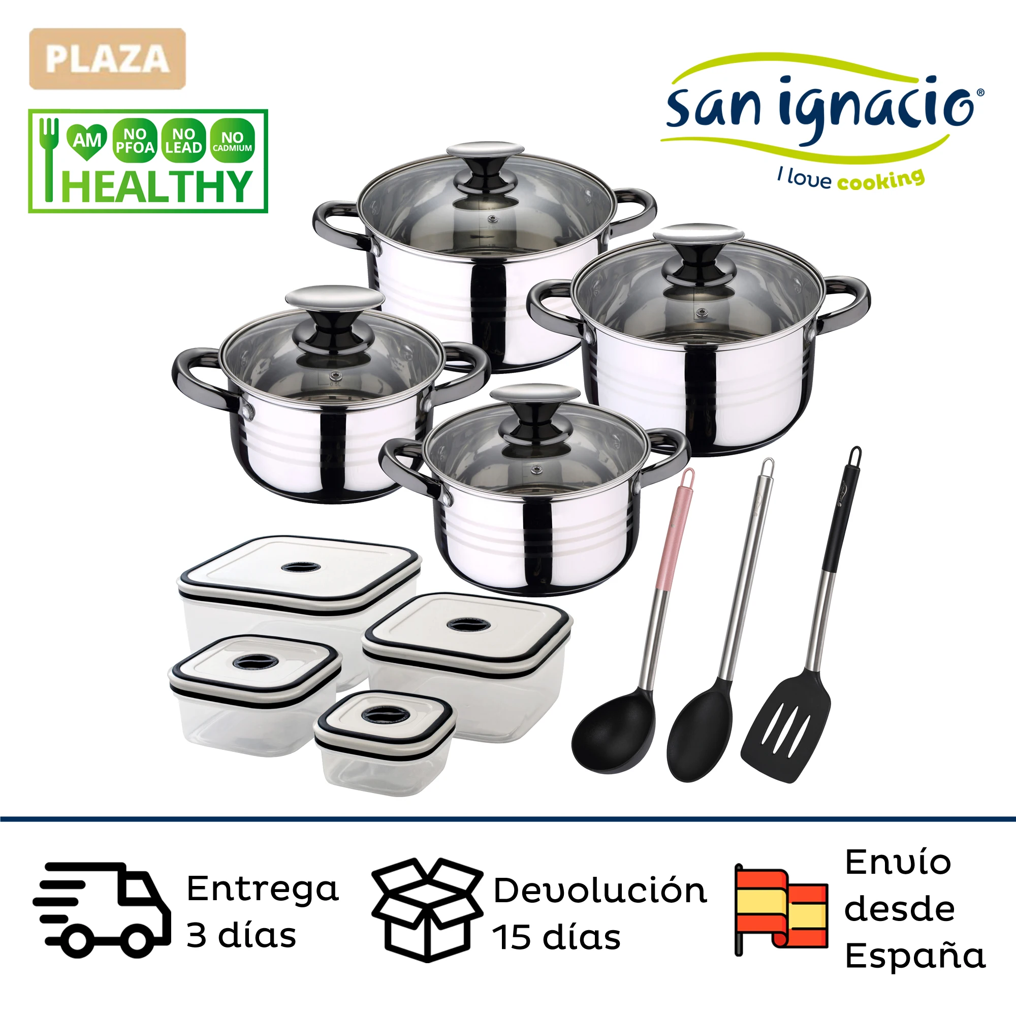 8 PCs SAN IGNACIO Premium kitchen battery in stainless steel with Hermetic kitchen utensils and fiambreras