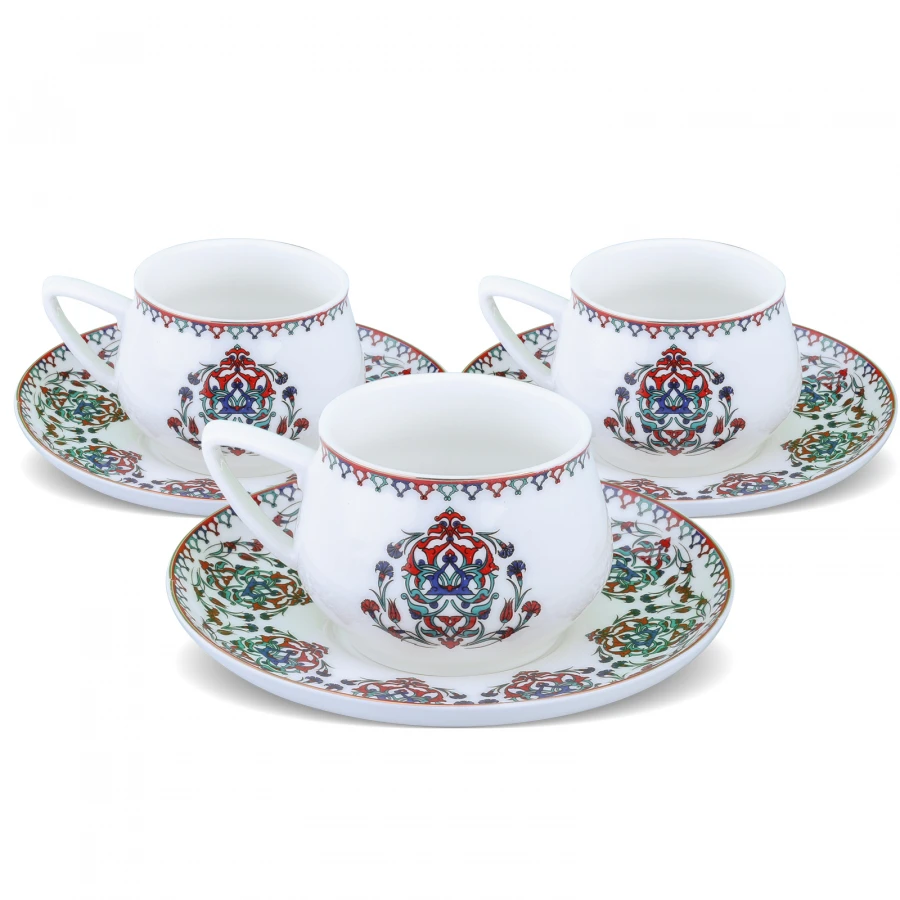 Karaca Nakkas Porcelain Turkish Coffee Cups Boxed Set with 6 Cups and 6 Saucers Mugs Tea Coffeeware Glass Drinkware Specialized