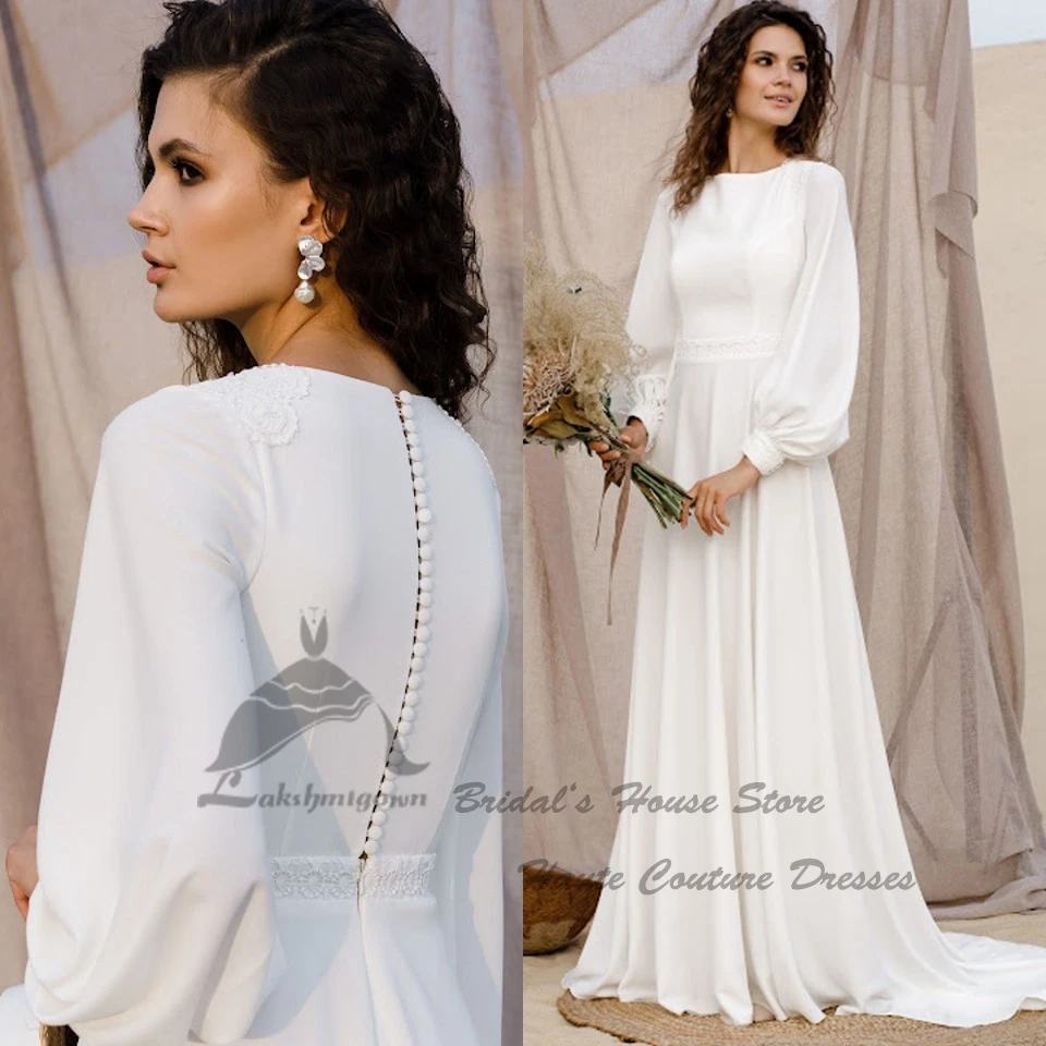 Muslim Robe Satin Long Sleeve Wedding Dress O-neck Elegant Bridal A Line Wedding Dresses Lace Appliques Vestido de Noiva 2022