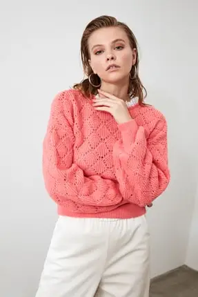 Pink Openwork Lace Detail Knitwear Sweater  Women Elegant Perspective Organza Sweaters Female Ladies