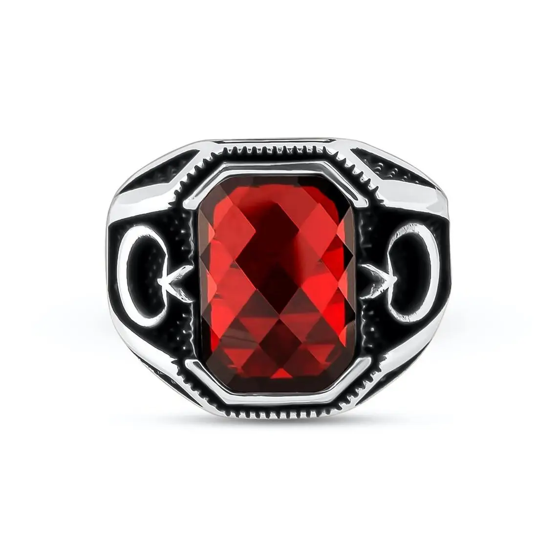 Silver Oval Faceted Red Zircon Gemstone Ring, Turkish Men Jewelry, Moon Star Motif Ring 925 Sterling Silver Collocation Fashion