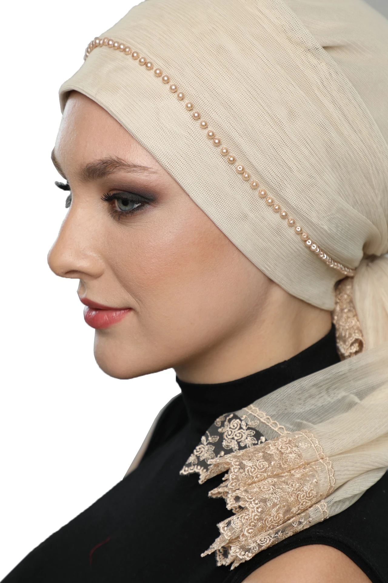 

2022 New Fashion Pearls Tulle Tied Tulle Covered Lace Pearl Embroidered Ready Made Turban Hijab Bonnet Scarf Cancer Cap Special Women Product Beret Bandana Muslim