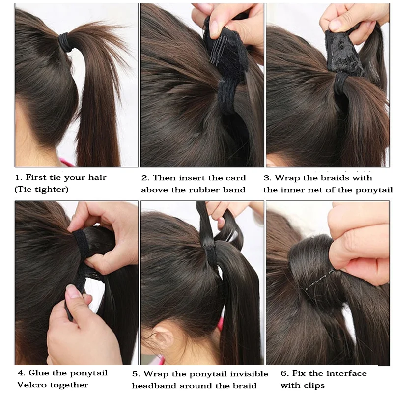 Synthetic Hair 22\'\'32In Long Straight Ponytail Fake Hair Tail Wrap Around Ponytail Clip in Hair Extensions Natural Hairpiece