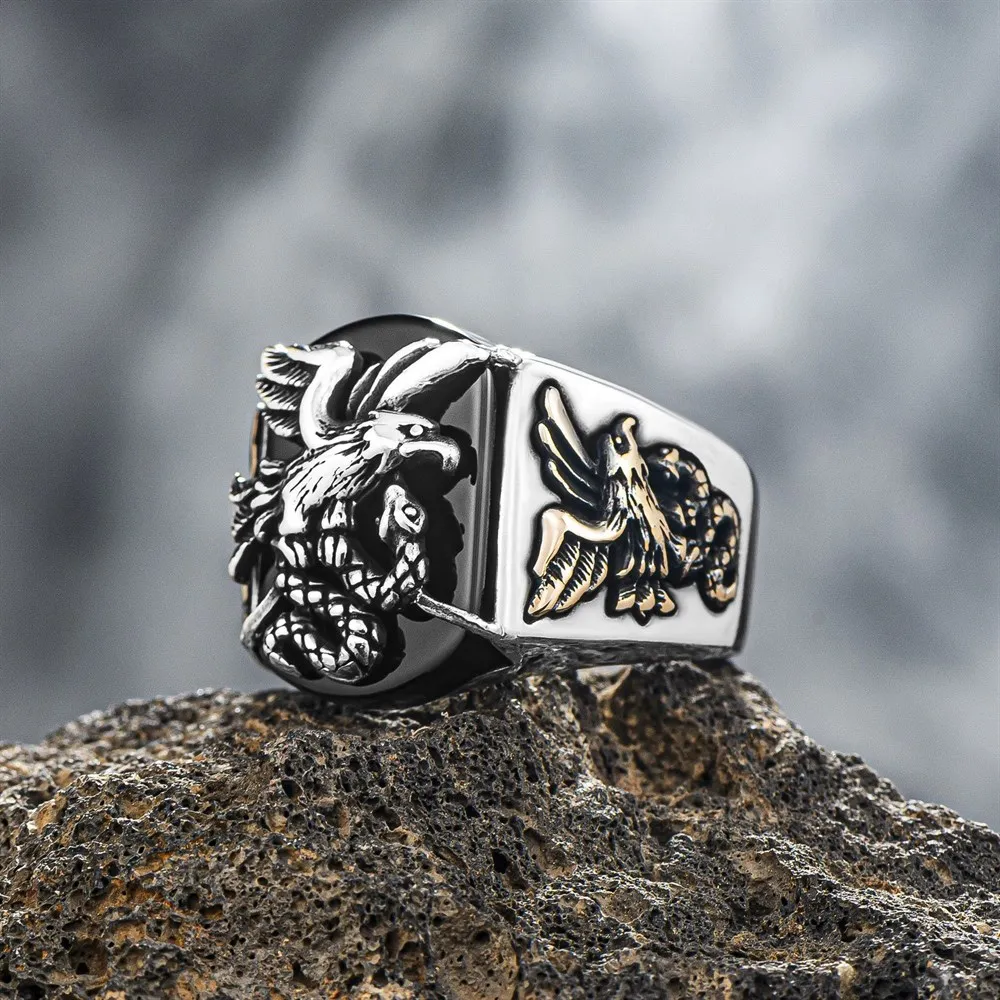 

Elegant Eagle Ring in 925 Sterling Silver Black Onyx Eagle And Snake Men’s Rings Trendy Gift for Men Side Eagle Rings Finejewelr