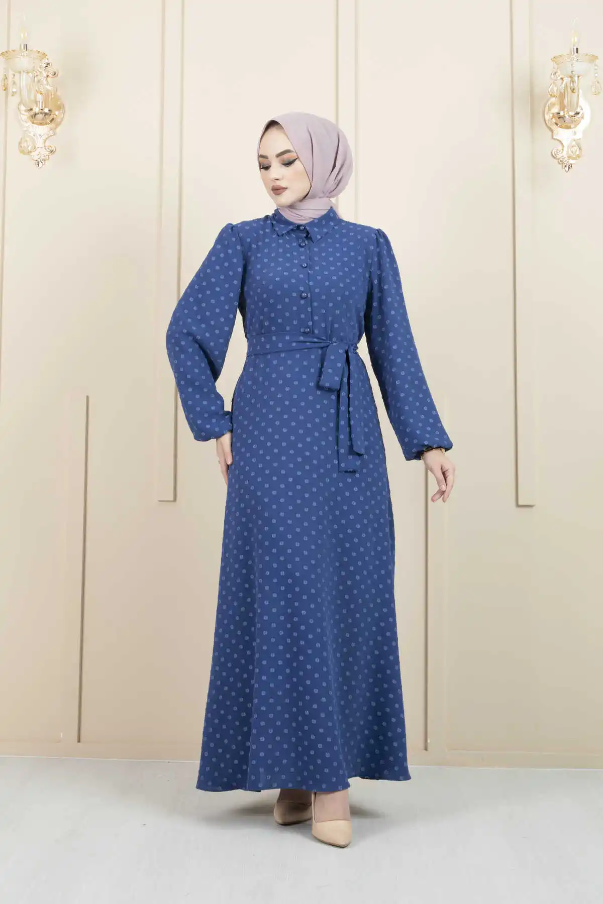 Women Spotted Front Buttoned-Veiling Dress Ramadan Hijab Loose Elegant Long Muslim Fashion Full Sleeve Casual Belted Abaya Kafta