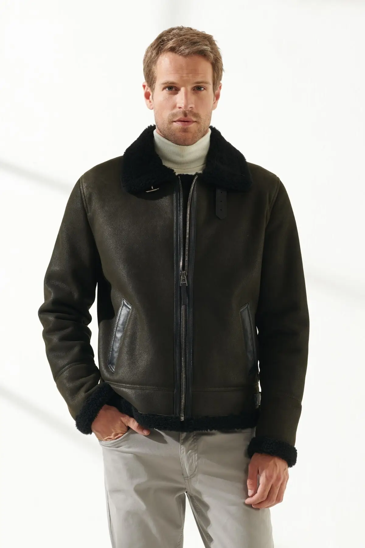 

Free shipping Fast Fashion genuine sheepskin green jacket winter black fur leather biker jacket