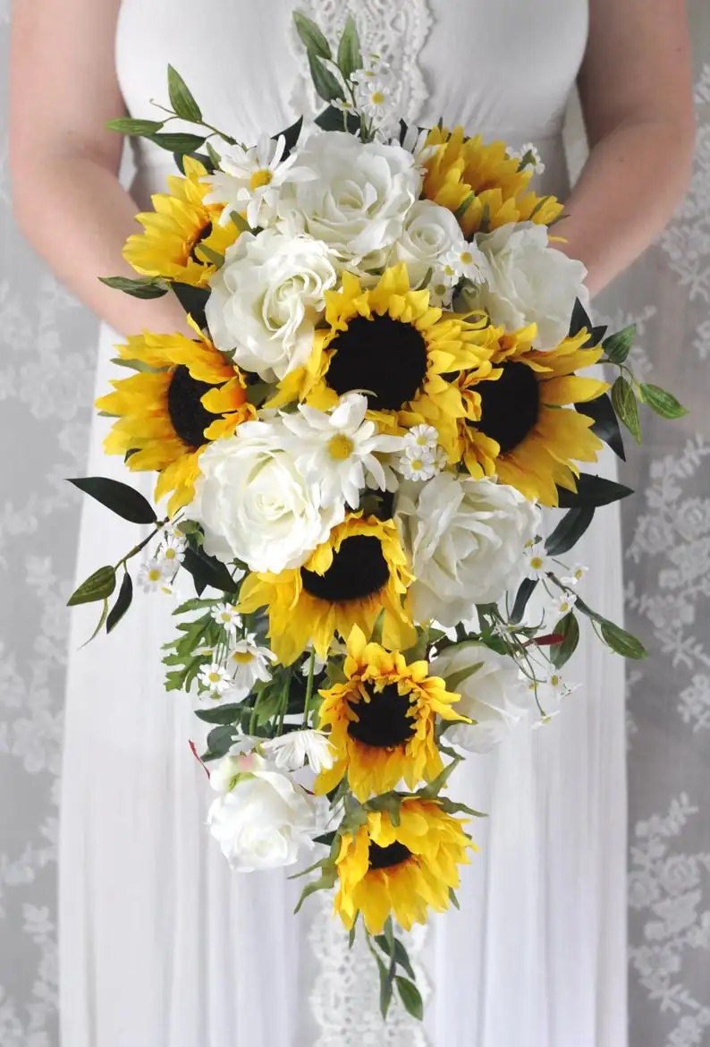 PEORCHID Cascade Bridal Bouquet Sunflower Bouquet For Bride Custom Artificial Bridal Flowers Waterfall Wedding Bouquet Decor