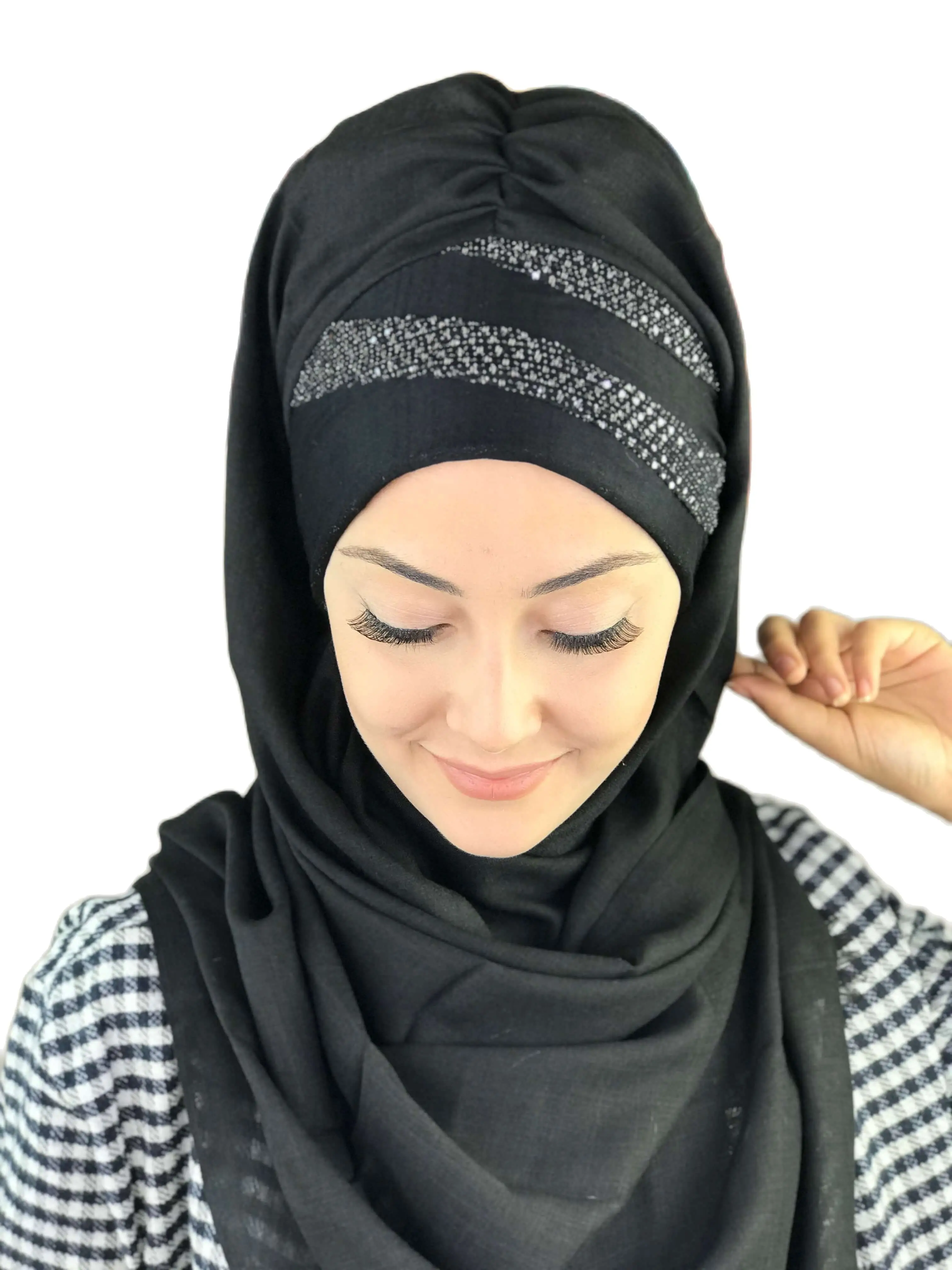 New Fashion Hijab Women Muslim 2021 Turban Cancer Chemo Head Wrap Scarf Bonnet Asymmetric Large Sequined Black Ready Shawl