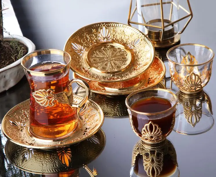 WONDERFUL AMAZİNG Handmade Authentic Gold Silver Anatolian Arabic Turkish Tea Cups And Saucers Set For Six Person.